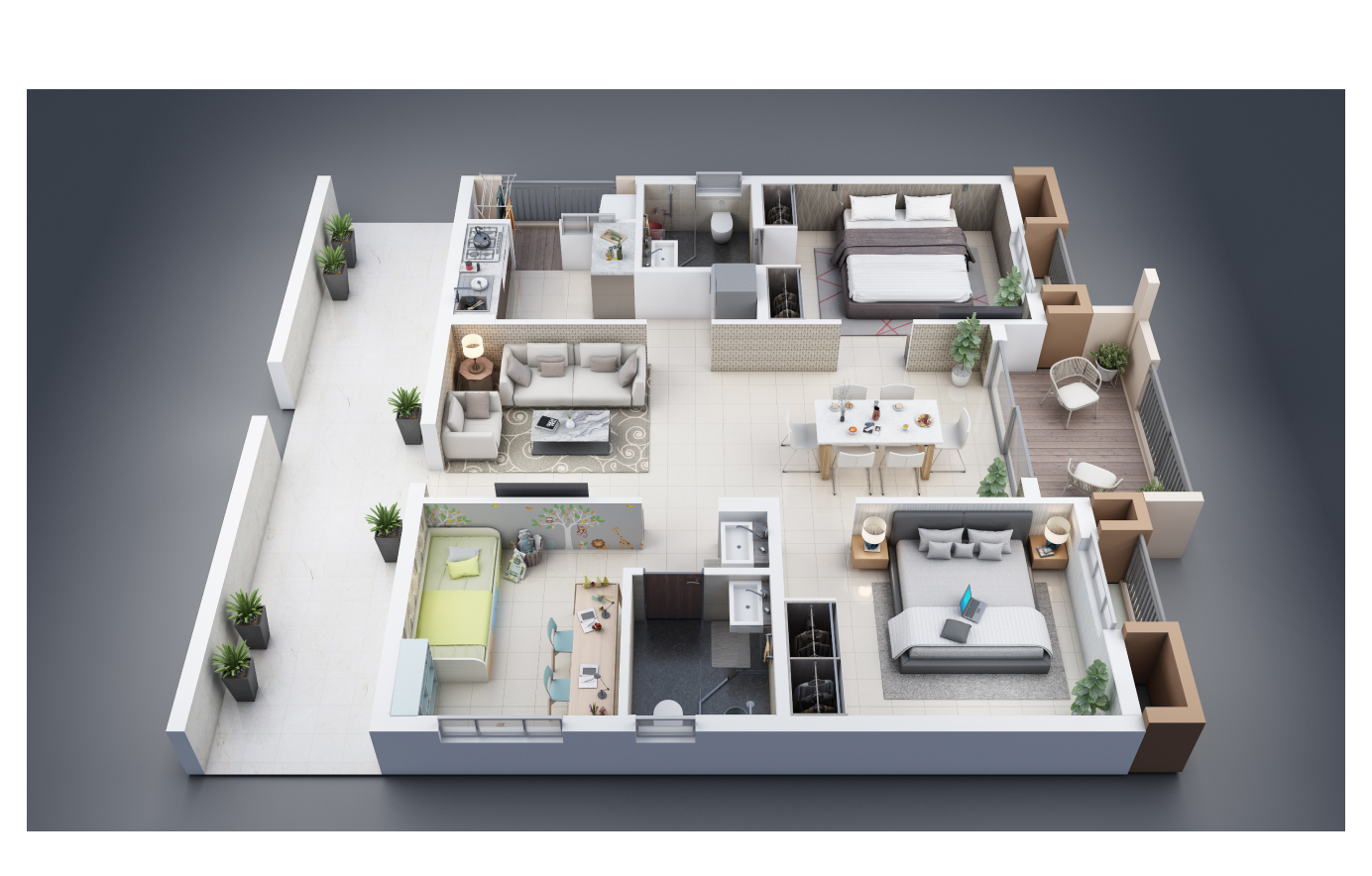2BHK + Study Type 1 White